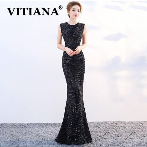 VITIANA Women Sequined Sexy Party Long Dress Female Black Sleeveless Elegant Bodycon Dresses Femme Noble Banquet Host Vestidos