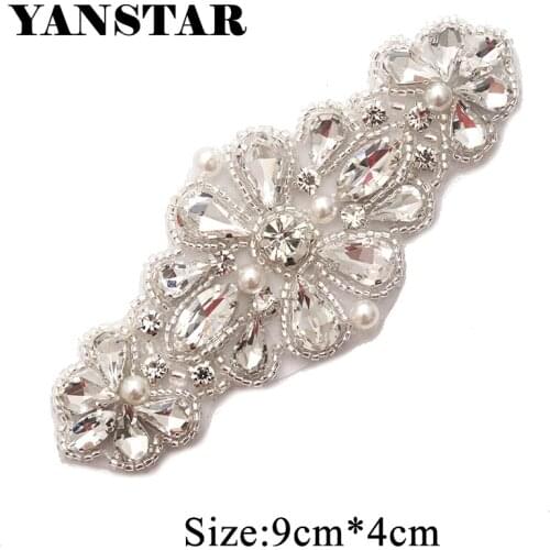 YANSTAR 50PCS Wholesale Rose Gold Rhinestones Appliques With Beads Clear Crystal Sewing On For Bridal Gown Sash YS894