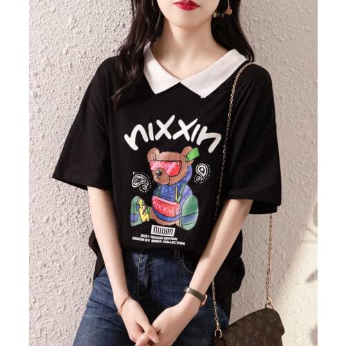 2021 Summer Womens Color Matching Doll Collar Casual Cartoon Letter Printing Short-sleeved T-shirt Thin Top Graphic Tees