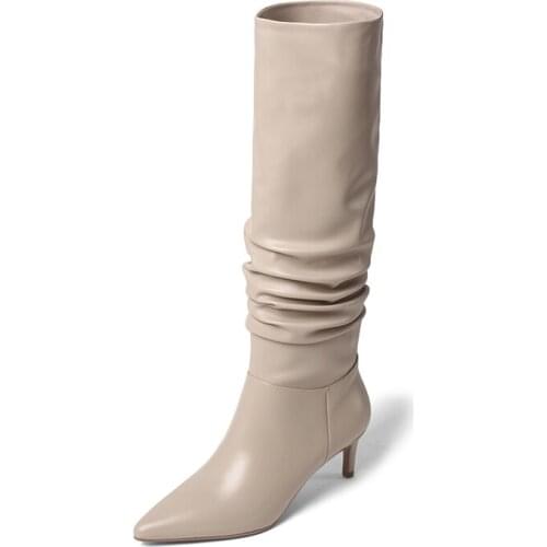 Stiletto High Heeled Womens Knee High Boots Pointed Toe Pleated Sexy Female Slip On Shoes Office Ladies Weddings Autumn Winter