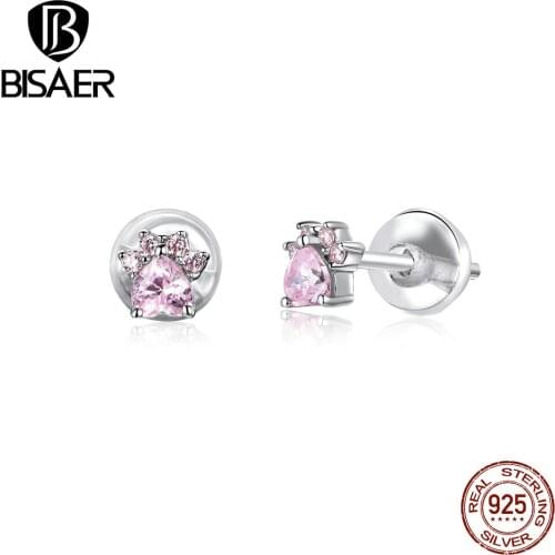 Footprints Earrings BISAER 925 Sterling Silver Pink Zircon Dog Cat Little Footprints Stud Earrings Girls Earrings Jewelry ECE781