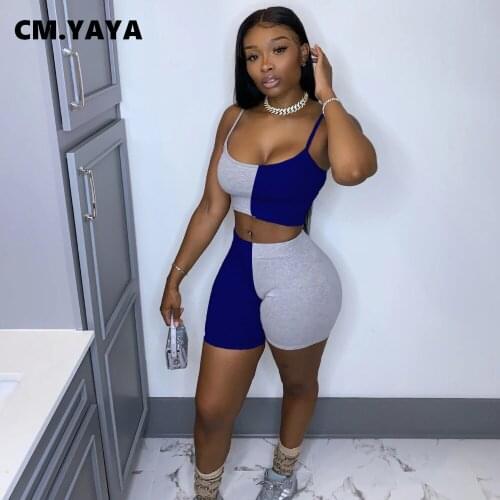 CM.YAYA Shorts Set Women Patchwork Spaghetti Strap O-neck Crop Tops Elastic Shorts 2 Piece Sets Tracksuit Female Outfit Summer