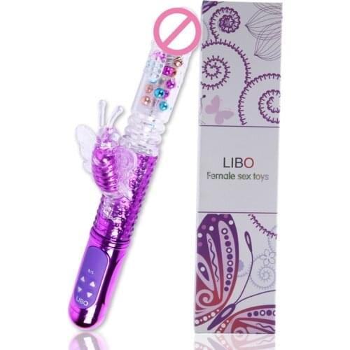 G Spot Female Relaxation Colored Beads 360-Degree Rotation Telescopic Butterfly Vibrator Dildo Penis Clitoris Stimulator Sex Toy