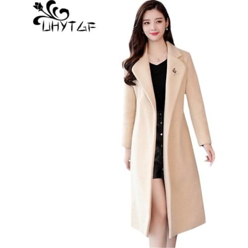 UHYTGF 4XL plus size coat female belt loose autumn winter wool coat temperament cardigan thicken warm casual jacket womens 558