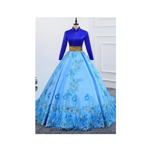 100%real blue flower lace embroidery bowknot waist masquerade ball gown stuido princess medieval dress/victorian belle ball