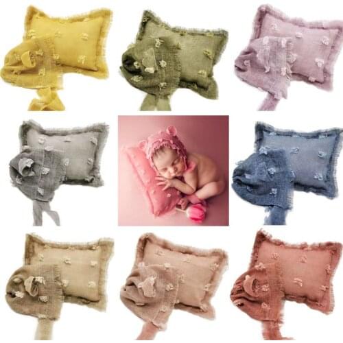 2 Pcs/set Newborn Photography Props Baby Photo Shoot Accessories Tie-dyed Cotton Linen Hat Pillow Set Infants Tieback Headdress