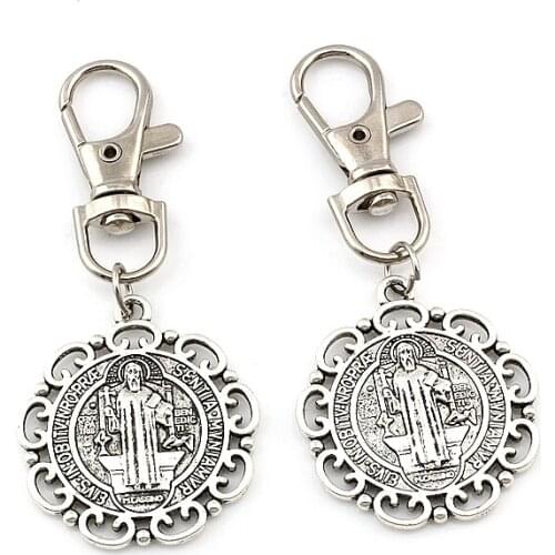 2Pcs /Lots Exorcism Flower Saint Benedict Medal Catholic Cross Alloy Charms Bead with Lobster clasp Fit Charm Bracelet