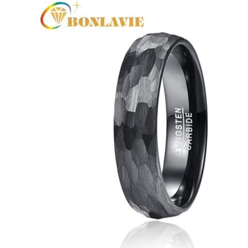 6mm Black Tungsten Wedding Band For Men Women Multi-Faceted Hammered Brushed Finish Rings Comfort Fit Gift