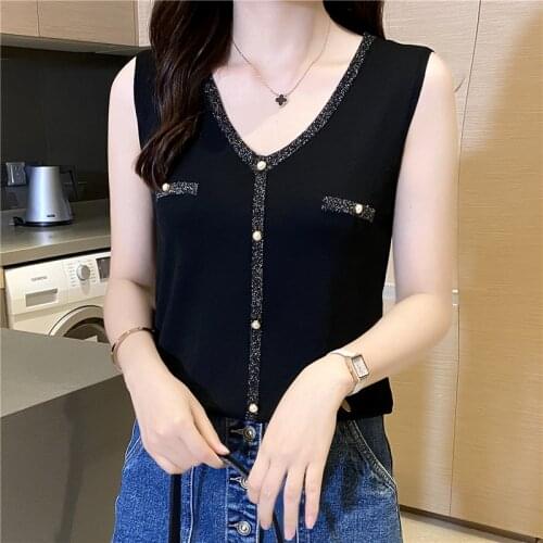 Shiny lurex Knitted Tank top Women Blouse V neck sexy Sleeveless sweater vest Female slim top button Oversized pullover