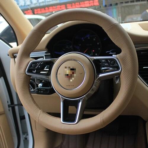 For Porsche Macan Cayenne 2015-2016 All Brown Leather & Hole Leather Steering Wheel Brown Stitch on Wrap Cover