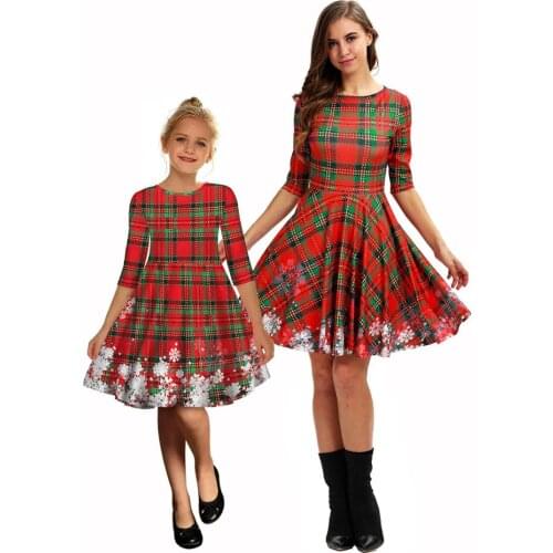 Mummy and Me Matching Clothing Round Neck Printing Xmas Kids Girls Dress Wedding Party Wear Family Matching Christmas Dress