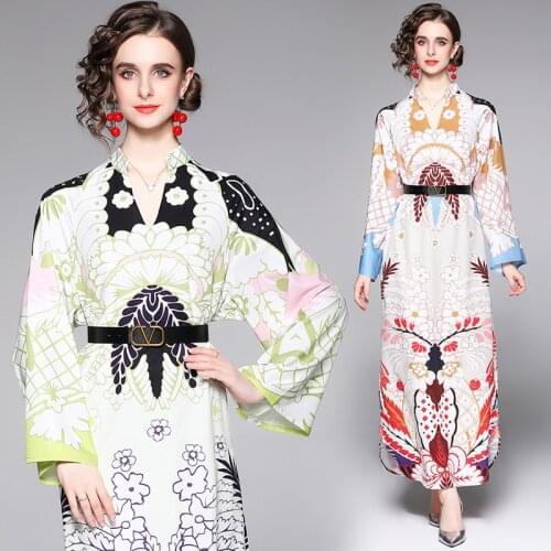 England Style Flare Sleeve Long Maxi Dress Sexy V Neck Loose Slim Sashes Tunic Plus Size Party Dress Design Print Bandage Dress