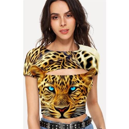 Somepet Tiger T-shirt Women Animal Navel Bare Leopard Hollow Out T shirts Dizziness T-shirts 3d Womens Clothing Summer Short