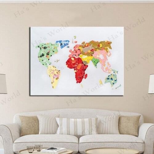Oil Painting Hand Painted Colorful World Map Modern Abstract Decorative Canvas Picture for Living Room Unframed Wall Art Artwork
