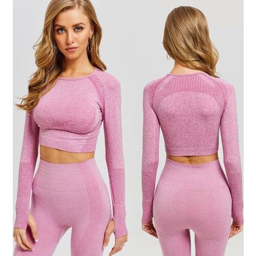 Women Seamless Yoga Set Fitness Sports Suits Gym Clothing Long Sleeve Crop Top Shirts High Waist Running Leggings Workout Pants