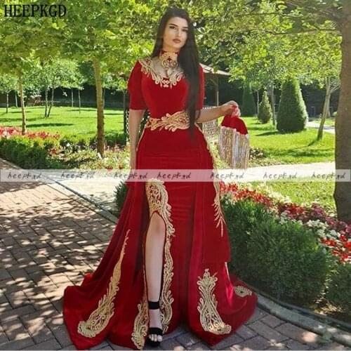Red Dubai Evening Dress With Detachable Train Gold Lace High Neck Mermaid Prom Gown Side Slit Half Sleeve Formal Dresses