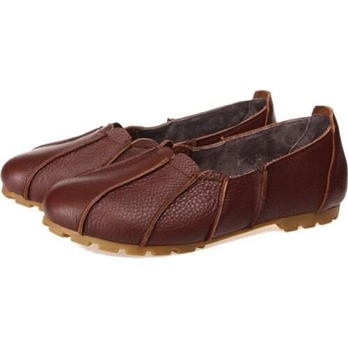 Autumn Fashion Flat Women Shoes Genuine Leather Casual Sneakers Shoes Slip On Round Toe soft Retro Comfortable drive shoes woman