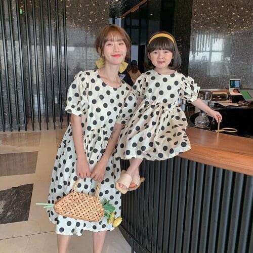 Summer Mother Daughter Macthing Dress Family Set Dots Mom Baby Mommy and Me Clothes Short Sleeve O-neck Women & Girls Long Dress