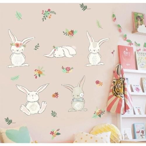 Cute Rabbit Wall Sticker Long Ears White Animal for Kids Room Bedroom Mural Decals Staircase Nursery Office Home Decoration