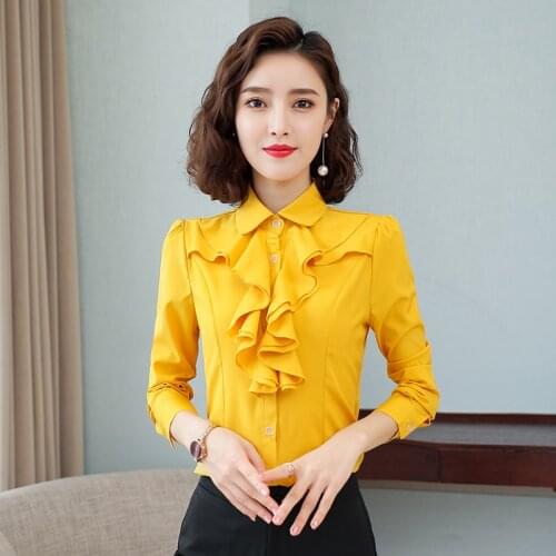 Fashion Women Yellow Shirt Daisy Print Long Sleeve Casual Ruffle Neck Design Blouse Office Lady Business Stylish Trendy Work Top