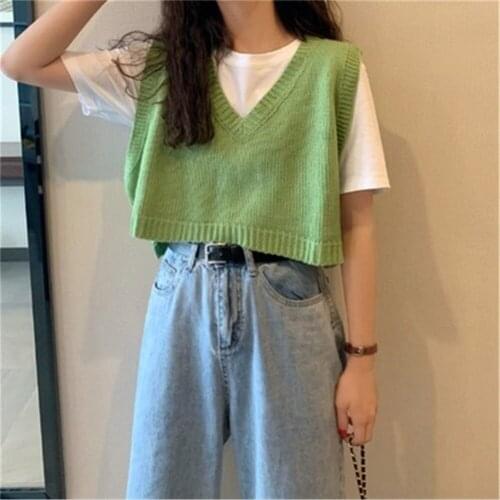 Fashion Women Sleeveless Pullover 2020 Korean Style Casual Oversized V Neck Knitted Sweater Vest Cute Short Tank Tops Waistcoat