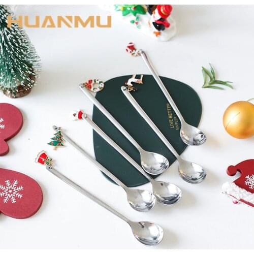6Pcs/Set 2020 Christmas Style Spoon Set Creative Stainless Steel Coffee Dessert Spoon Stirring Tool Tea Spoons Festive Gift