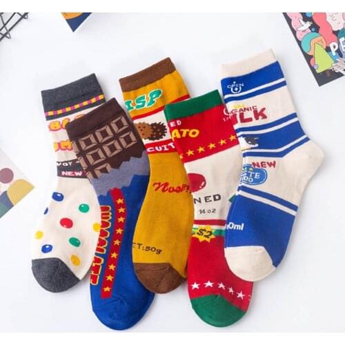 Cartoon Food Pattern Mid Tube Socks Colorful 1Pair Socks for Women European Style Breathable Cotton Funny Elastic Sock