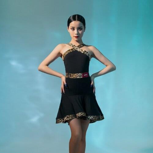 Latin Dance Clothes For Women Adult Sexy Sling Black/leopard Practice Dress Rumba Tango Samba Stage Performance Costume DWY5172