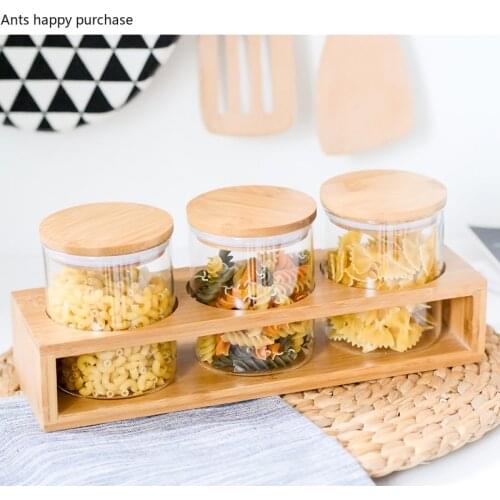 Transparent Glass Jar with Wooden Lid Storage Bottle Miscellaneous Grains Storage Sealed Jar Three-piece Suit with Bamboo Frame