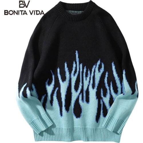 Bonita Vida Hip Hop Sweaters Fire Flame Knitted Sweater Jumpers Streetwear Harajuku Mens Fashion Casual Pullover Tops Coats