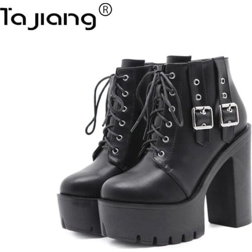 Ta Jiang New metal decoration womens ankle boots womens shoes leather lace-up high-heel platform platform short boots T10-1