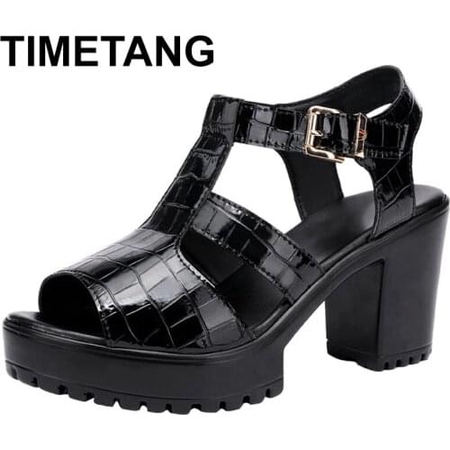 TIMETANGnew fashion Sandals Patent Leather Summer Buckle Elegant High Heels Sandals Women Thick Sole Size 32-43