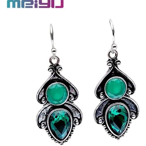 Creative Metal Plating Ancient Silver Inlay Emerald Opal Leaf Earrings For Woman Geometry Engagement Ring Party Retro jewelry
