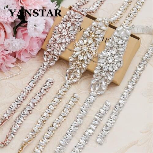 YANSTAR (1pcs) Wholesale Full Length Bridal Rose Gold Crystal Rhinestones Appliques Iron On For Wedding Dress Belt YS858