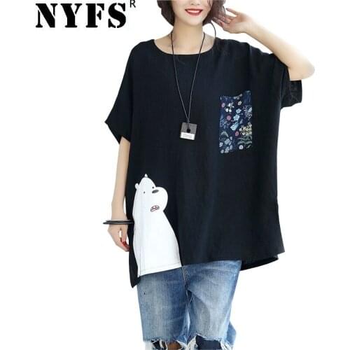 NYFS 2021 Korean New Summer Kimono Woman T shirt Hot Sale Women Tops Cotton Linen Tops Cartoon print Loose Blusas Camisa Mujer