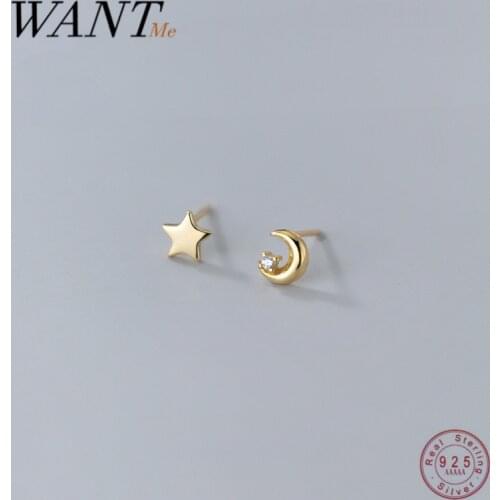WANTME Genuine 925 Sterling Silver Mini Fashion Korean Cute Star Moon Small Stud Earrings for Women Youth Birthday Jewelry Gift
