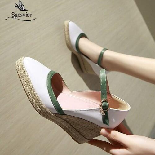 Sgesvier Hot Women Wedge Platform High Heels Pumps Weaving Bordered Ankle Strap Fashion Office Lady Party Shoes Size 32-44 G566