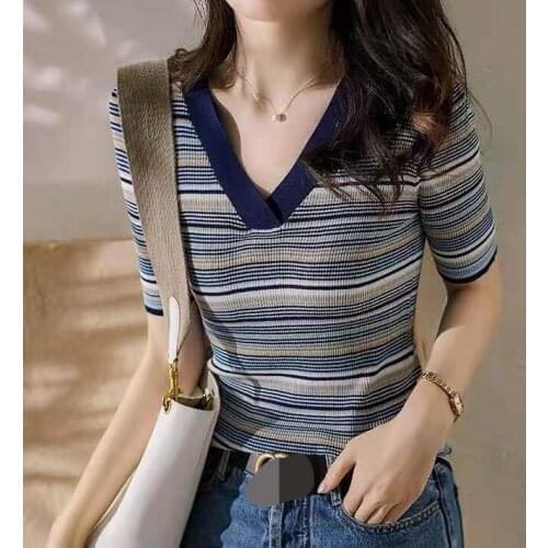 Womens V-neck Mo Landi striped knit sweater blusas mujer de moda 2020 verano harajuku fashion korean style