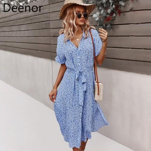 Deenor V-Neck Floral Print Dress 2021 Summer High Waist A-Line Short Sleeve Polka Dot Boho Beach Dress Clothes for Women