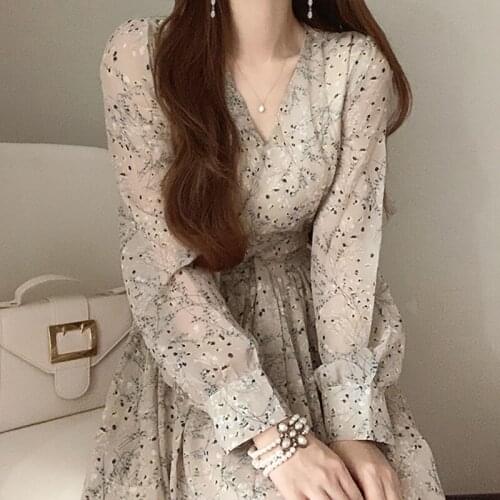 Korean Summer Flower Print Dress Long-sleeve High-waist Vintage Ladies Lace Up Chiffon Ropa Mujer Women Floral Dresses Vestidos