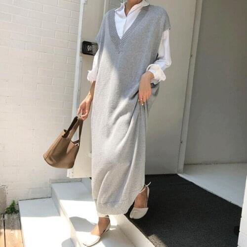 New 2020 Autumn Winter Women Dress V-Neck Knitted Elegant Oversize Sleeveless Korean Solid Lady Long DressesCL722