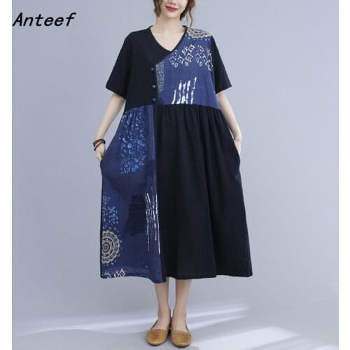 Short sleeve cotton vintage floral dresses for women casual loose long woman summer dress elegant clothes 2021