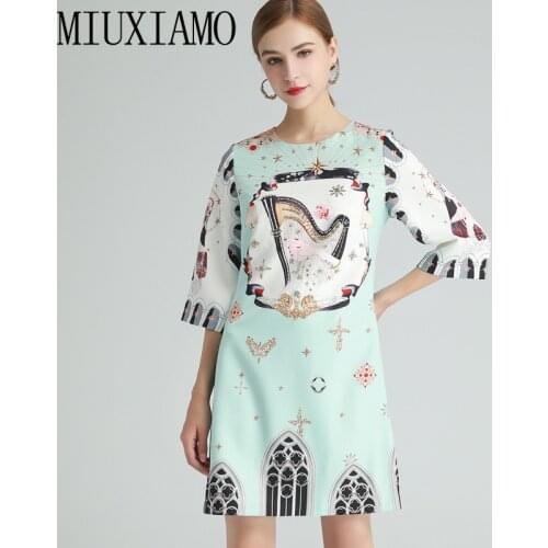 MIUXIMAO 2021 Spring Summer Diamonds Harp Star Print Medium Sleeve O-neck Elegant Fashion Vestidos Vintage Dress Women
