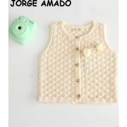 2021 New Autumn Girls Boys Sweater Vest V-neck Solid Color Open Stitch Pompom Button Knitting Wool Waistcoats Kids Coat E9301