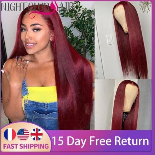 99J Burgundy Transparent Lace Frontal Wigs 10A 150% Pre Plucked Brazilian Remy Straight 13*1 T Part Human Hair Wigs For Woman