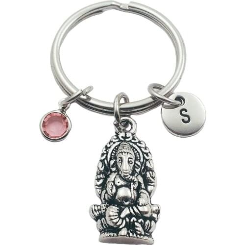 Shiva Ganesha Initial Letter Monogram Birthstone Keychains Keyring Creative Fashion Jewelry Women Gifts Accessories Pendants