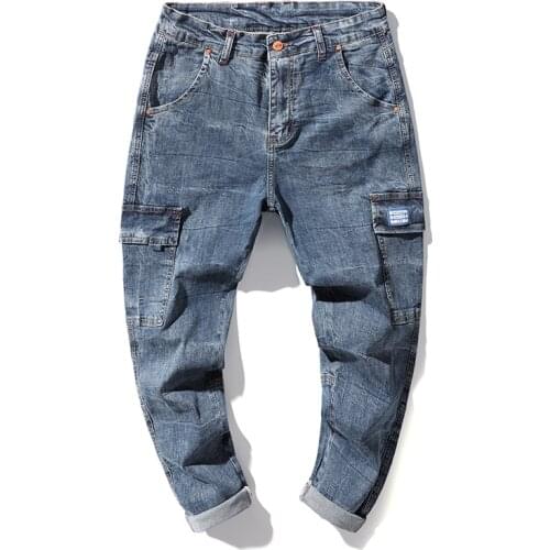 Cargo Pants Jeans Men Harem Spring and Summer Stretch Light Blue Loose Soft Fit Multi-Pockets Casual Denim Pants Plus Size 42 40