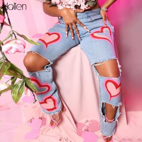 KLALIEN Women Spring Summer Fashion High Waist Zipper Straight Wide Leg Pants Print Pink Love Jeans Female 2021 New Streetwear