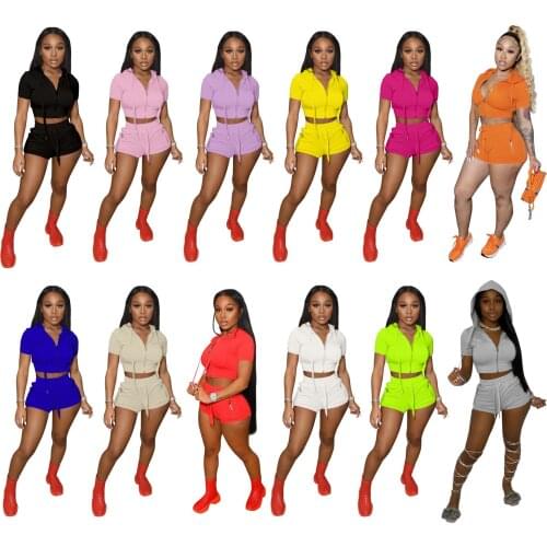 Fitness Women 2 Piece Set Solid Corp Hooded Top + Skinny Biker Shorts Matching Jogger Set Sporty 2021 Summer Workout Tracksuit