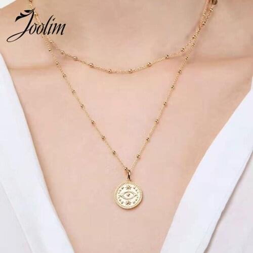 JOOLIM High End Gold Finish Beads Double-layer Eye Coin Pendant Choker Necklace Trendy Jewelry Wholesale